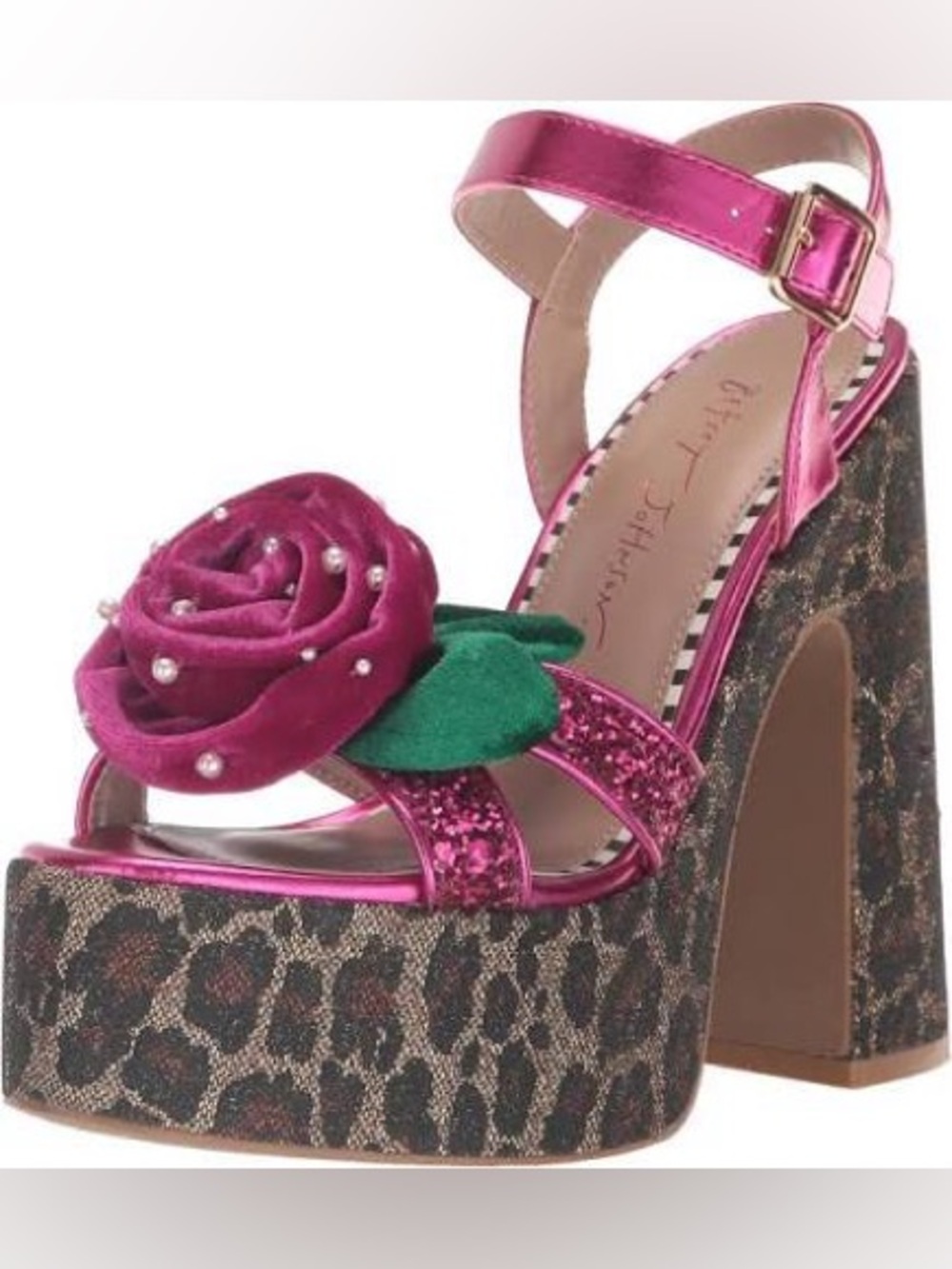 Betsey Johnson Metallic Fuchsia Platform Sandals with Rose Accent